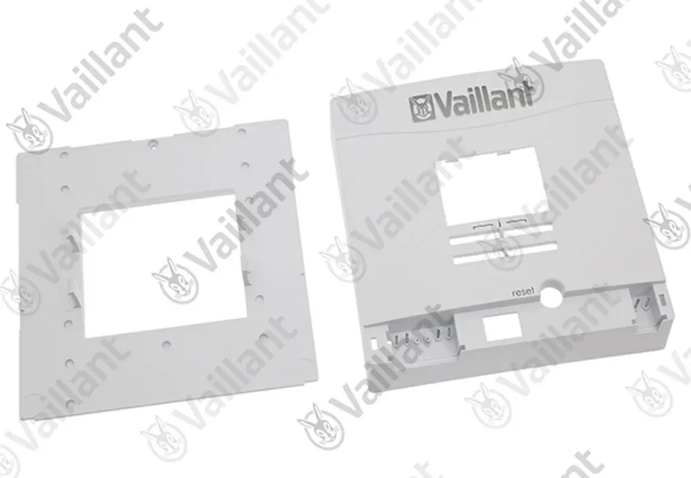 Vaillant Gehäuse in Weiß, bestehend aus zwei Teilen mit Aussparungen und Reset-Taste, geeignet für bestimmte Geräte.